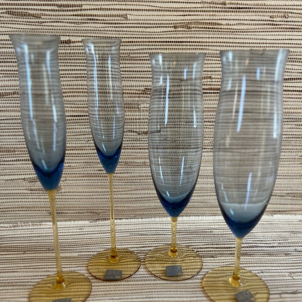 Pair Set 2 - 1993 VTG MIKASA Flute Champagne Pair Stem Wine Glass Blue Yellow